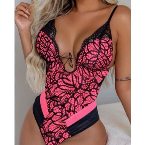 Sexy Deep-V Lace Bodysuit Patchwork Bodycon Backless Bodies For Women Summer Sleeveless Pink Sexy Fitness New Top