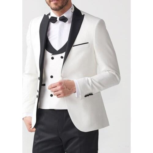2019 Three Piece Groom Tuxedos suit men Wedding Evening Men Suits Ivory and Black Blazer Formal Jacket Pants Vest costume homme