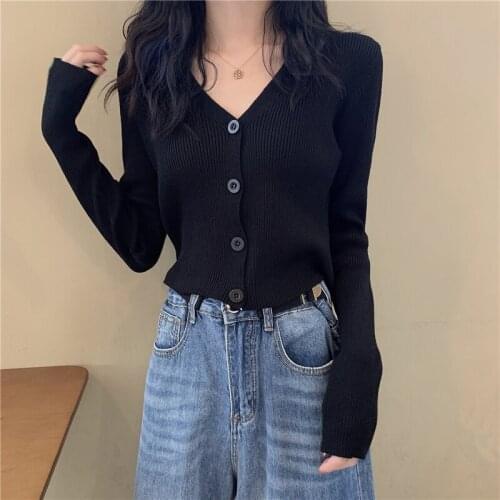 Women Short Cardigan Knitted Sweater 2021 spring Long Sleeve V neck Jumper Cardigans Casual Streetwear Fashion Elasticity Coat