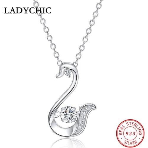 LADYCHIC Unique Design 925 Sterling Silver Swan Pendants for Women Movable Crystal Charming Necklace Gift Fine Jewelry LNS1037