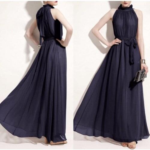 Evening Party Solid Color Ruffled Collar Women Sleeveless Maxi Dress with Belt