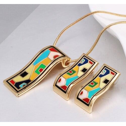 Zlxgirl high quality Geometry Enamel Stainless steel pendant & earring jewelry sets Europe Brand gold chain necklace ear sets