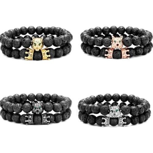 2pcs/lot 8mm wolf crown gold silver copper cz zircon cubic zirconia beads bohemian Bracelet agate Onyx Stone Bangles vhb45t