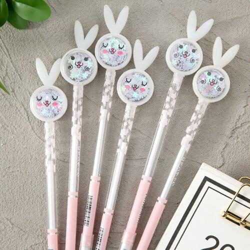 6Pcs Creative Cute Rabbit Sequins Gel Pen Cartoon Writing Pens Student School Office Stationery Pink 0.5mm Black Ink Exam Pen