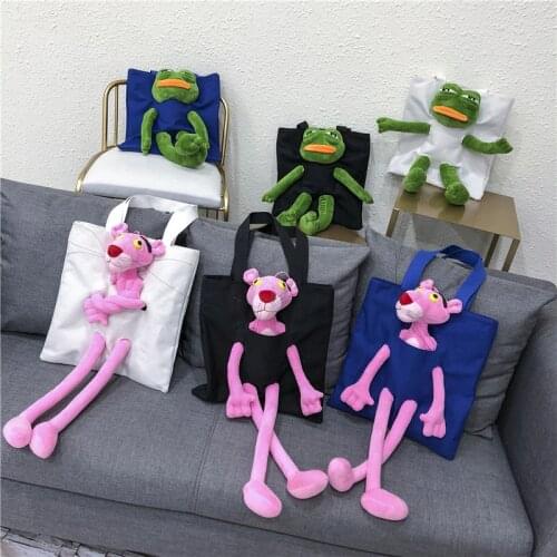 Cute Pink Panther Canvas Shoulder Tote Bag Cartoon Anime Sad Frog Plush Doll Shopping Bucket Handbag