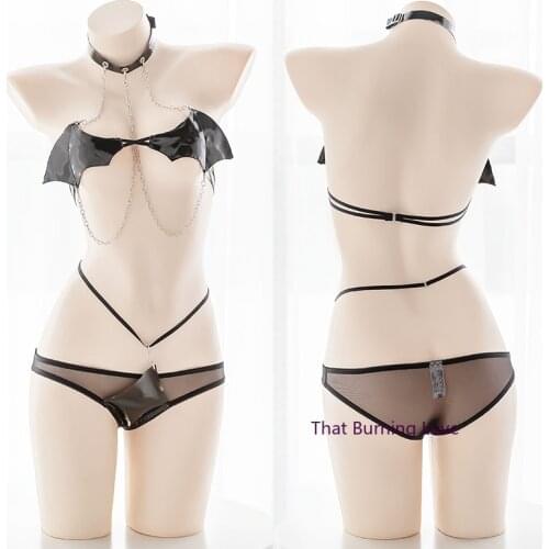 Sexy Bra and Panty Lingerie Set Pu Leather Little Devil Wings Chain Bondage Underwear Japanese Bikini Darksome Lolita Intimates