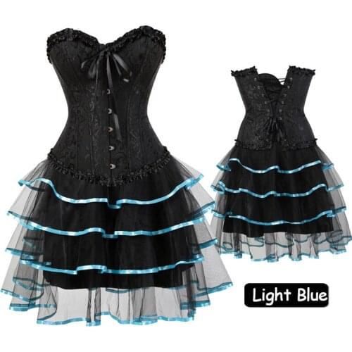Black Ruffled Corset Dress top Set Womens Satin Plus Size Corsets Bustiers with Tutu Skirt Bow bustier Club Wear corselet