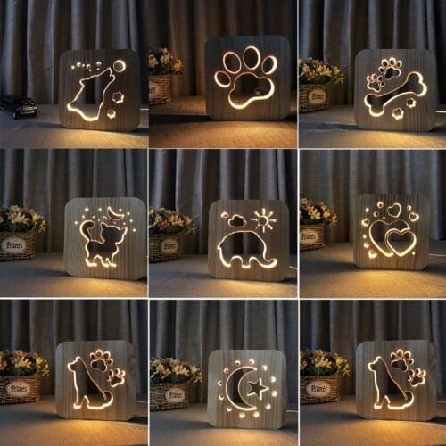 Wooden Cat Paw Dog Animal Night Light Moon Star 3D LED Lamp USB Powered Desk Lights for Baby Christmas New Year Gift M68E