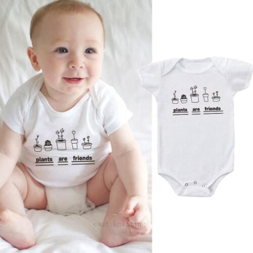 DERMSPE New Boys Girls Casual Summer Baby Boy Girl Short Sleeve Plants Are Friends Romper Newborn Baby Clothes Jumpsuit White