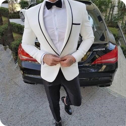 Hot Recommend One Button Ivory Groom Tuxedos Groomsmen Shawl Lapel Mens Suits Blazers (Jacket+Pants+Tie) W:905