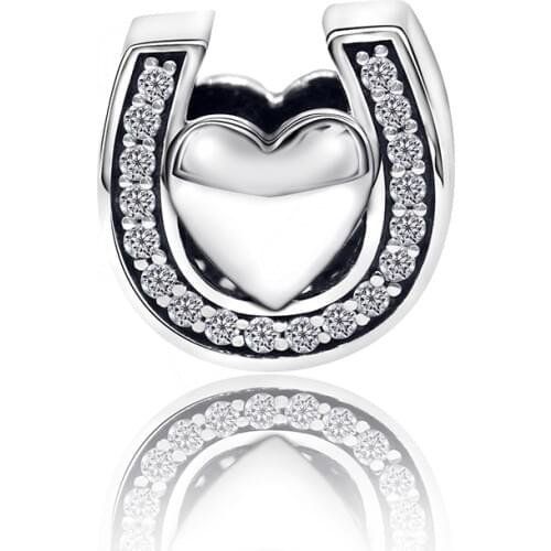 925 Sterling Silver Love Heart Horseshoe Charm with Clear CZ Fit Original Pandora Charms Bracelet Bangle Jewelry Making