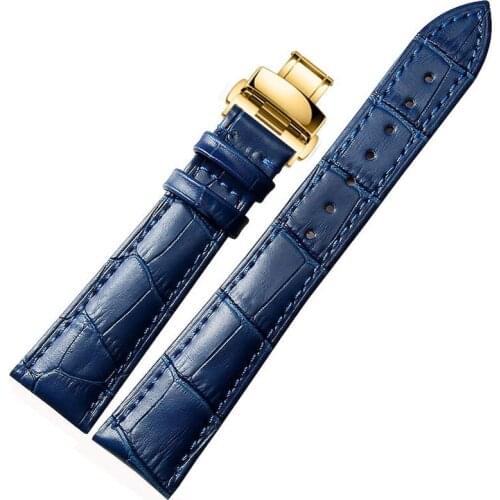 Blue leather strap, crocodile grain, mens and womens watch belt, leather belt, metal butterfly button, 141618 20mm