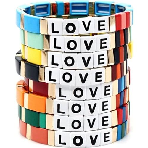 KSRA Wholesale Factory Letter LOVE Bohemia Style Handmade Enamel Rainbow Tile Bracelet Colorful Painted Metal Cuff Bracelet