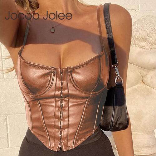 Jocoo Jolee Women Strap PU Leather Tanks Vintage Wild Vest Sexy Slim Fit Camisole Elegant Sleeveless Cropped Tops Clubwear 2021