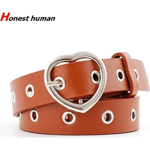 Fashion Luxury PU Leather Studded Grommet Belts for Women Cute Metal Heart Buckle Decorative Waistband Belt Red Black Brown Pink