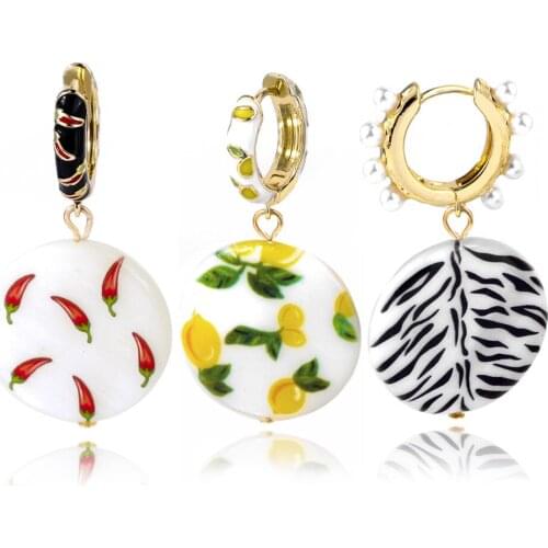 2021New Shell Print Pendant Lemon Pepper Chili Oil Drop Creative Women Fashion Fine Noble Temperament Pearl Earring Girl Jewelry