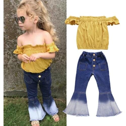 Toddler Baby Girl Clothes 2PCS Sets Short Sleeve Off Shoulder Yellow Tops+Denim Long Flare Pants Casual Outfits Sets 3-7Y
