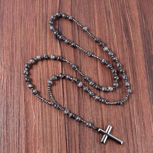 Christ Rosary Necklaces Natural Labradorite Catholic Rosary Beads Jewelry Hematite Cross Pendant Necklace For Men Women