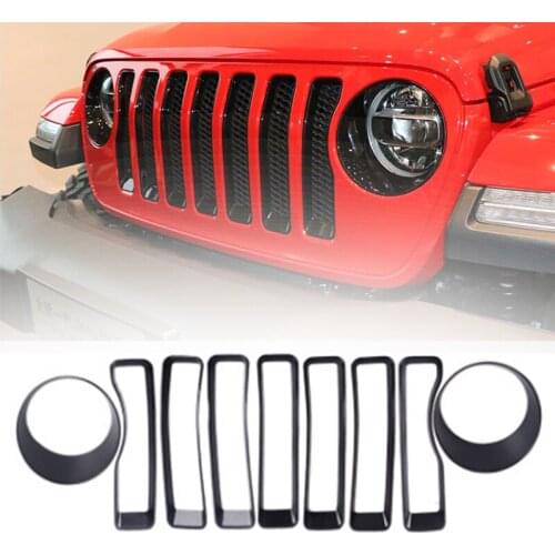 For Jeep Wrangler JL 2018-2020 ABS Black Red Grill Grille + Headlight Lamp Ring Trim