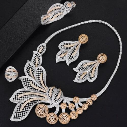 LARRAURI Luxury Jewelry Set Nigerian CZ Flower Collar Necklace Dangle Earrings Bangle Ring for Women Dubai Wedding Jewelry Sets