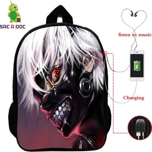 Tokyo Ghoul Anime Laptop Backpack Multifunction USB Charger Headphone Jack Schoolbags for Teens Travel Backpack Daily Back Pack