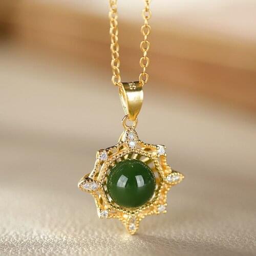 S925 Sterling Silver Inlaid Natural Hetian Jade Ball Pendant Necklace Fashion SUNFLOWER Ornament for Women