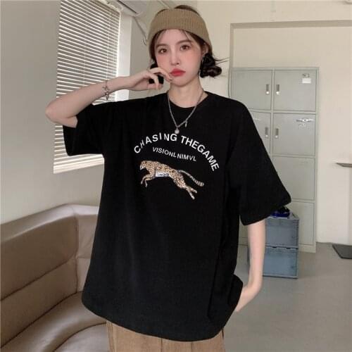 Summer retro cheetah print short-sleeved printed t-shirt womens half-sleeved loose top T-shirt all-match female