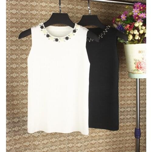 Spring Summer Women Handmade Beaded Knitted Shirt Tank Sleeveless Ice Silk Vest Tops Womens Knitted Sweater