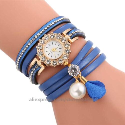 Women imitation pearl flower pendant leather watch wrap around elegance wristwatch for women wholesale clock long strap watches