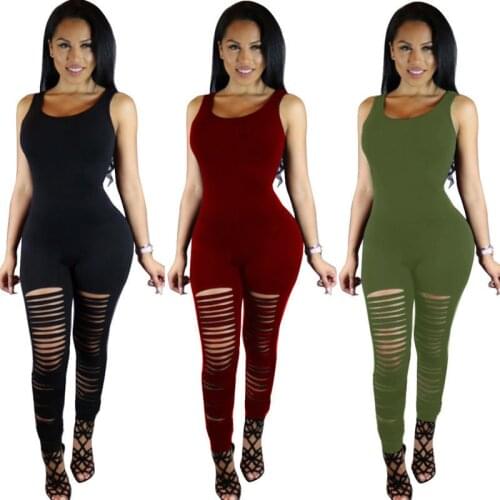 2018 New Womens Sleeveless Jumpsuit Fashion Ladies Ripped Hole Playsuit Casual Bandage Bodycon Fitness Jumpsuit Stylish Romper
