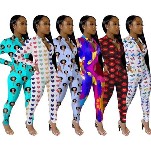 Adogirl Women Casual Lips Printed V Neck Zipper Skinny Street Rompers Three Color Full Sleeve One Piece Spring Elegant Jumpsuit