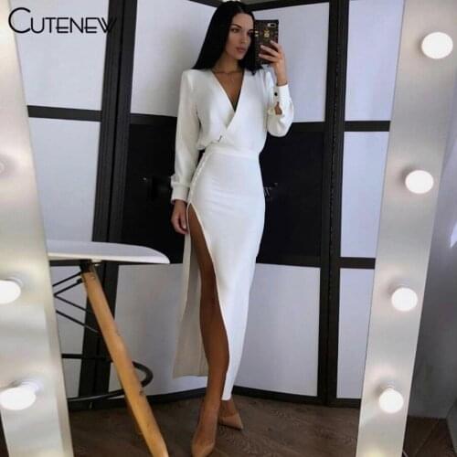 Cutenw Elegant Solid White Sexy Deep V-Neck Side Split Maxi Dress Women Autumn Casual Simple Long Sleeve Skinny Lady Streetwear
