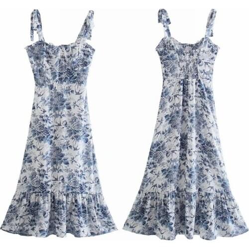 Summer Holiday Blue Floral Print Tank Womens Midi Dress Vintage Women Dress Back Elastic Lace-up Slim dress Vestidos Casual Wear