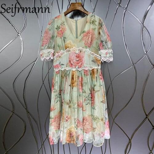 Seifrmann New 2021 Summer Women Fashion Runway Midi Dress Lantern Sleeve Gorgeous Lace High Waist Floral Printed Chiffon Dresses