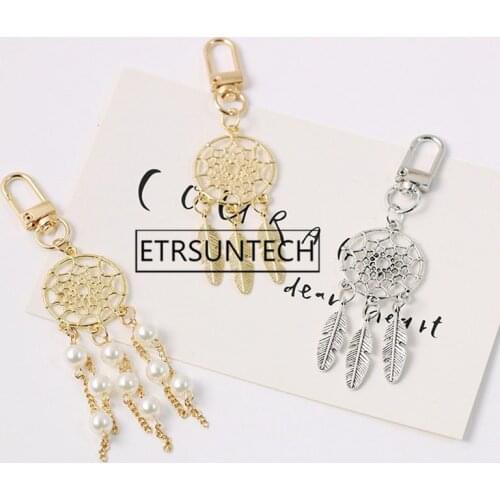 100pcs Dreamcatcher Feather Tassel Imitated Pearl Keychain For Women Key Chains Ring Bag Pendent Charm Gifts