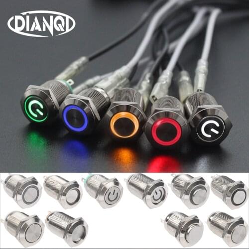 12mm Flat High Head Waterproof Metal Push Button Switch LED Light Momentary Latching Car Engine Computer PC Auto Power Switch