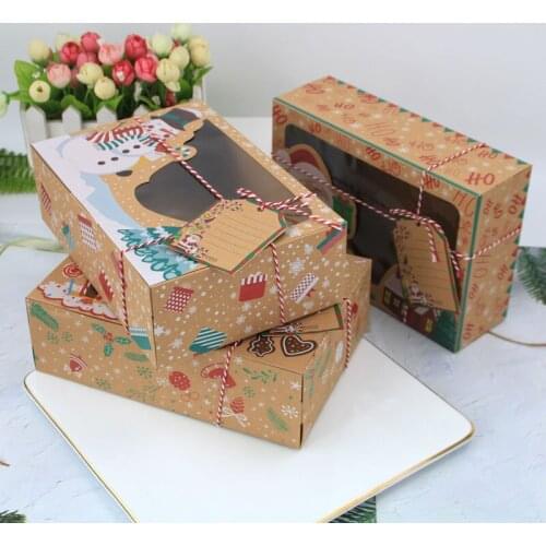 120pcs/lot Kraft Paper Christmas Cookie Gift Boxes with Clear Window 22*15*7cm New Year Favors Boxes for Cookies Treats