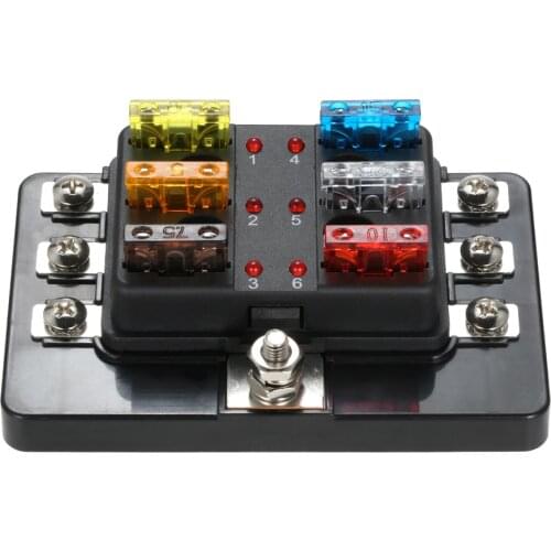 12V 24V 6 Way Plastic Cover Blade Fuse Box Holder M5 Stud with LED Indicator Fuse Block Accessories for Car Boat Marine Caravan