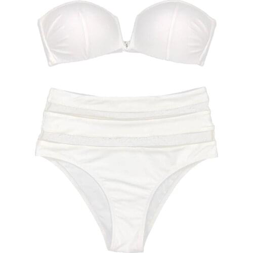 2Pcs Women Sexy Padded Strapless Bra High Waist Mesh Briefs Bikini Set Swimwear