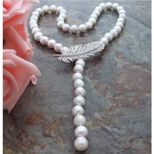 35" 10-11 mm White Keshi Pearl Necklace CZ Pendant