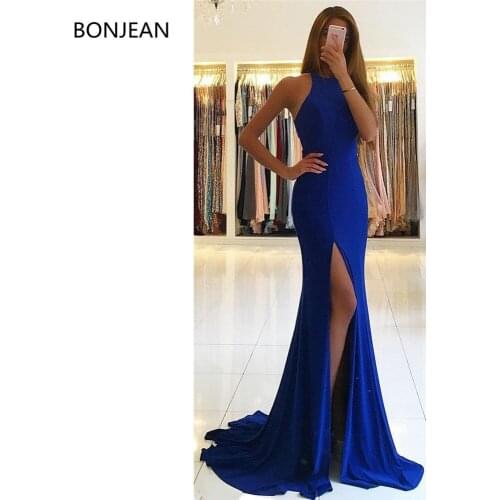 Satin Mermaid Fashion Long Prom Dresses Sheath Sleeveless O Neck Floor-Length Ruffles Formal Fancy Evening Dress Gowns 2019