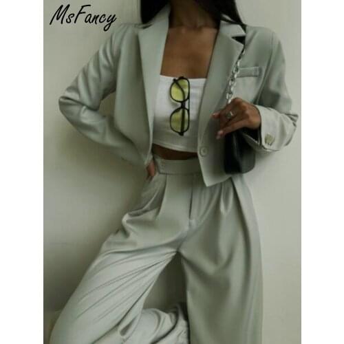 Msfancy Pant Suits Women 2021 Fashion Single Button Crop Blazer High Waist Wide Leg Trousers Fall Mujer 2 Piece Set Outfits