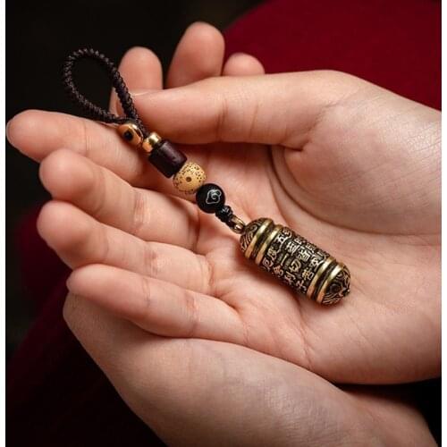 Tibetan Buddhism Chinese Sutra Bottle Car Key Chain Pendants Jewelry Lucky Hangings Brass Vintage Leather Bag Lanyard Keychains