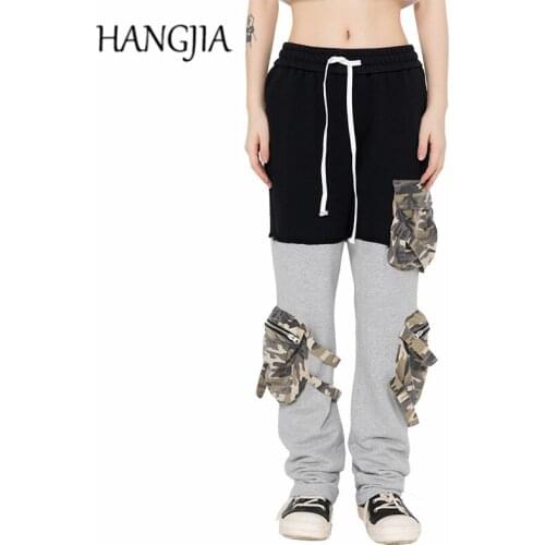 Black White Patchwork Cargo Sweatpant Streetwear Fashionable Camouflage Pockets Micro Flared Pants Men Women Hip Hop Sweatpants