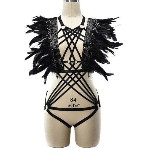 Black Feather Bodysuit Sexy Body Harness Belt Set Women Burning Rave Bondage Lingerie Goth Body Cage Hollow Bottom G-String