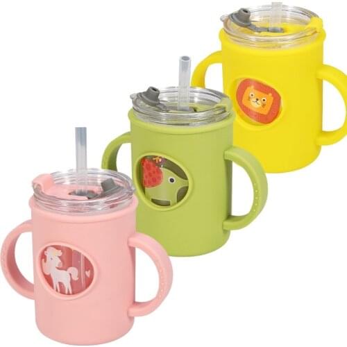 Baby Silicone Milk Cup Glass Feeding Straw Bottle Kids Water Cups Cute Animal Anti-fall Boy Girl Newborn Learning Bottles Handle