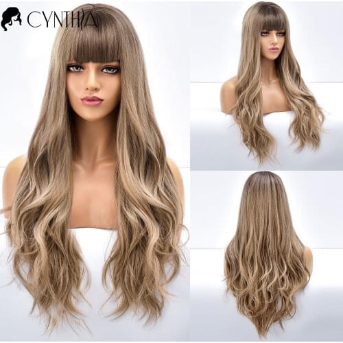 Long Wavy Daily Wigs With Bangs Natural Ombre Blonde Heat Resistant Gold Colorful Fiber Cosplay Synthetic Wigs For Women