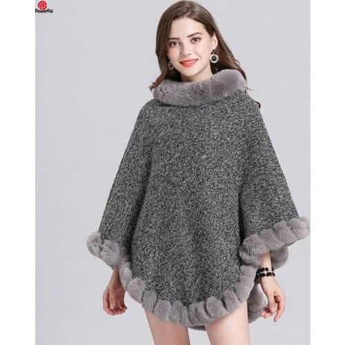 Elegant Retro Handwork Fur Knit Poncho Thick Cashmere Cape Full Trims Faux Rex Rabbit Fur Shawl Pullover Coat Women Winter Wraps