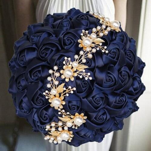 6 colors Navy Wedding Bouquet Gold Diamond Silver Diamond Pearl Decoration Bridal Wedding Bouquet Artificial Ribbon Rose