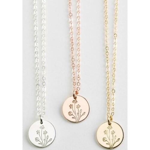 Delicate Wildflowers Disc Necklace Simple Inspirational Floral Bouquet Disc Necklace Jewelry 15mm ,18inch